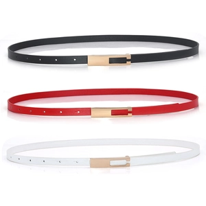 Slim leather dress belts for women in black, red, and white with gold metal buckles