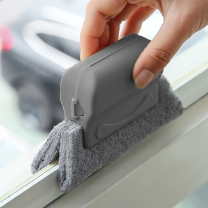 Gray window track cleaning tool with scouring pad brush head for household groove cleaning