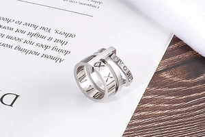 Detailed shot of multi-layer stainless steel ring with Roman numerals and zircons