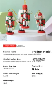 Set of four 10cm wooden nutcracker ornaments with festive red green and gold finish