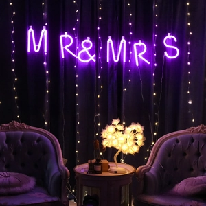 Purple LED neon Mr & Mrs letters display with rose flower tree lamp and starlight backdrop