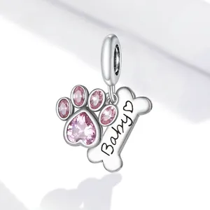 S925 sterling silver pet paw charm with pink cubic zirconia heart and baby bone pendant