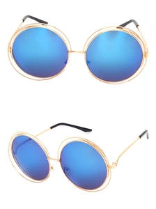 Detail of round metal double-frame sunglasses with blue mirrored lenses in gold finish