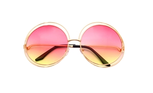 Detailed front view of retro double-rim metal sunglasses with pink-yellow gradient lenses
