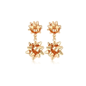 Elegant rose gold double ribbon flower drop earrings with a metallic finish on white background