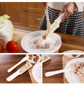 Detail of a beige plastic meatball maker set showing the shaping process in the kitchen