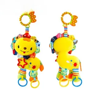 Detail showing the lion plush stroller toy with embroidery, rattle rings and teething links