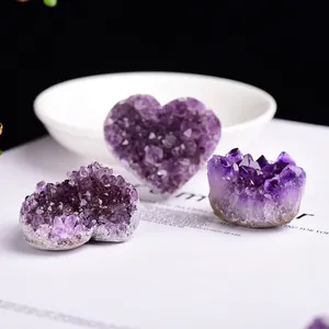 Natural heart shaped amethyst cluster and raw crystal geode mineral specimen decor