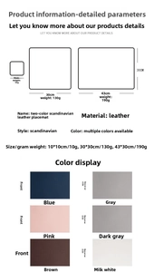 Size chart for double-sided leather placemats in multiple dimensions and color options