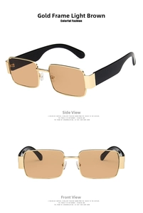 Detailed front and side view of vintage gold frame rectangle sunglasses with brown lenses