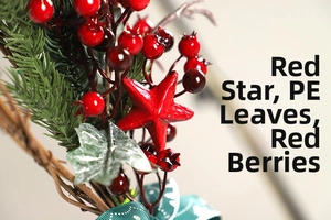 Detail of Christmas wreath with red star, pine needles, holly leaves and berries