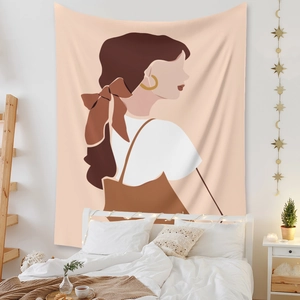 Minimalist portrait tapestry on bedroom wall with warm tones and bohemian decor