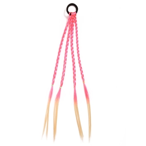 Detail of four gradient pink and yellow braided hair extensions with black elastic tie