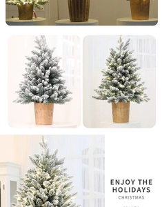 Miniature PE flocked Christmas tree detail with LED lights and rustic wooden base pot
