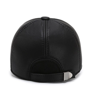 Rear view of black leather baseball cap with lychee texture and adjustable metal buckle