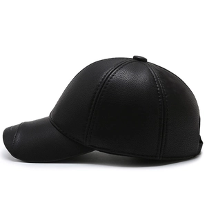Classic black leather baseball hat with textured finish and ear protection for men