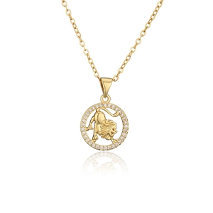 Detailed close-up of gold Leo zodiac pendant necklace with shimmering zircon stones