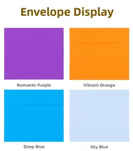 Square matte paper envelopes in purple, orange, and blue colors for greeting cards