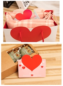 Gift set with pink checkered scarf, green owl ceramic figurines, and a heart greeting card
