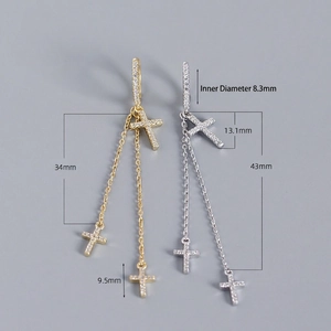 S925 Sterling Silver Cross Tassel Earrings with Cubic Zirconia in Gold and Silver