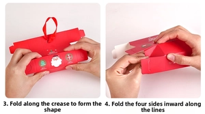Detail showing folding steps of a red Christmas paper candy box with ribbon handle
