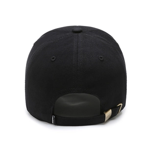 Classic black cotton baseball cap featuring an adjustable bronze metal buckle back closure
