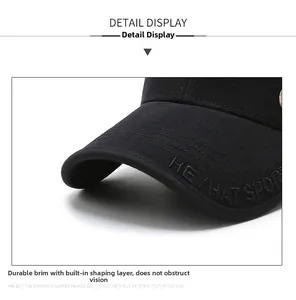 Detailed close-up of HEYHAT SPORT embroidery on black twill cotton baseball cap brim
