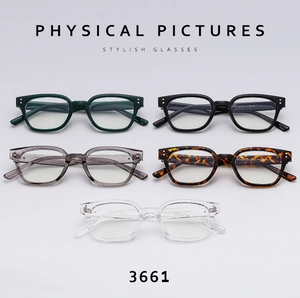 Top-down view of anti-blue light eyewear in five colors: black, grey, clear, and tortoiseshell