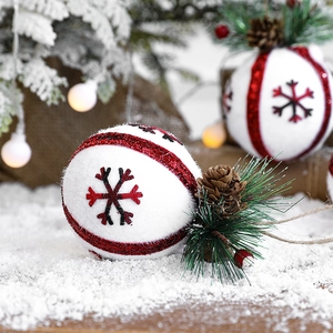 Three-pack white Christmas foam balls with red stripes, pine cones, and snowy needles