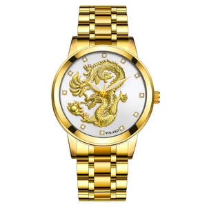 Luxurious gold stainless steel watch with white dial featuring embossed golden dragon design