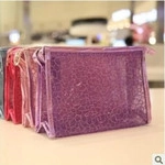 Detailed stacked view of colorful translucent makeup bags with textured patterns