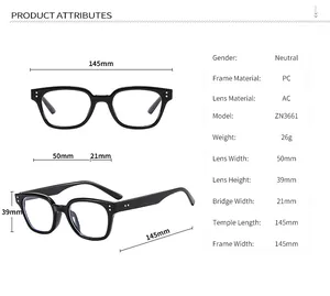 Detailed size chart for blue light blocking glasses showing model ZN3661 dimensions