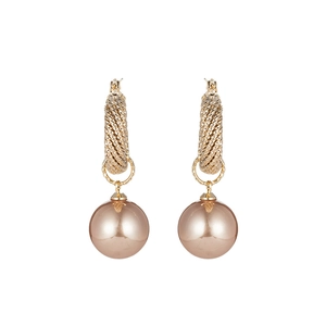 Vintage golden geometric earrings with textured spiral hoops and metallic pearl drops