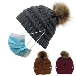 Women Knit Beanie Hat With Faux Fur Pom-pom Acrylic Ponytail Hole Mask Buttons Winter Warm Soft Stretchy Outdoor Accessory