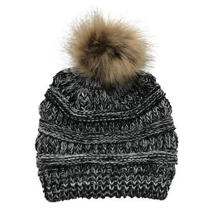 Close-up of knit texture on black and grey beanie with a fluffy brown faux fur pom-pom