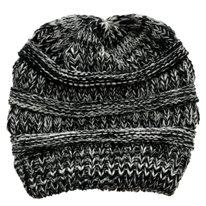Close-up of thick grey knit texture and warm weave on this stylish winter beanie