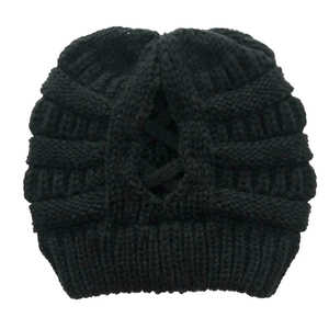 Detail view of the knitted winter hat with a functional ponytail hole design at the back