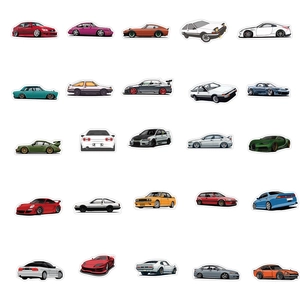 Flat lay detail showing 25 classic JDM car stickers in vibrant colors for decoration