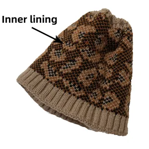 Detail view of the thick leopard print lining and ribbed edge on this winter knit beanie