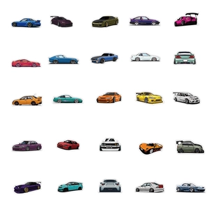 5x5 grid layout of vibrant 2D vector JDM style car stickers for luggage and laptops