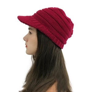 Winter wine red cable knit peak hat for women with ear protection and warm fleece lining
