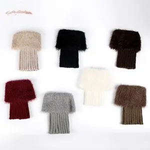 Detail view of plush knit leg warmers in seven colors including beige and grey