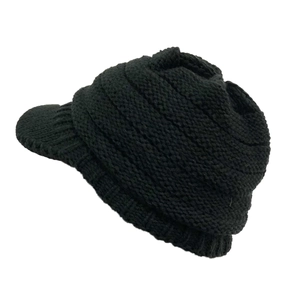 Close-up of black chunky knit texture and short brim on this thermal winter beanie hat