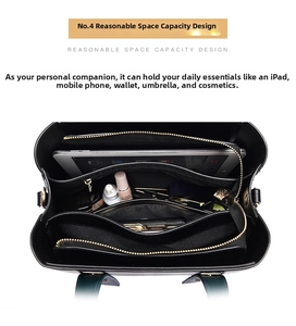 Vista interna della borsa capiente con scomparti multipli e tasche con zip per organizzazione