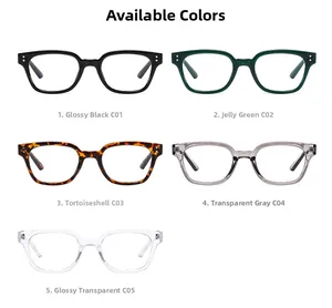 Five color options for blue light blocking glasses frames including tortoiseshell and clear