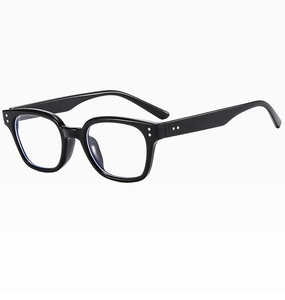 Detail of glossy black square-round frames with silver dot accents on white background