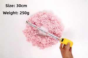 Pink flocked Christmas wreath dimensions showing 30cm diameter and 250g weight