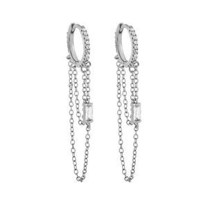 Elegant S925 silver double tassel chain earrings with shimmering cubic zirconia
