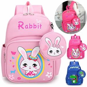 Kids School Backpack With Mini Round Coin Purse Nylon Waterproof Lightweight Breathable Cartoon Rabbit Dinosaur Design