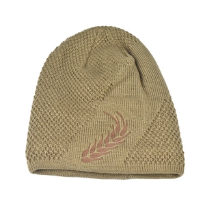 Khaki men's winter knit beanie with warm fleece lining and textured wheat embroidery